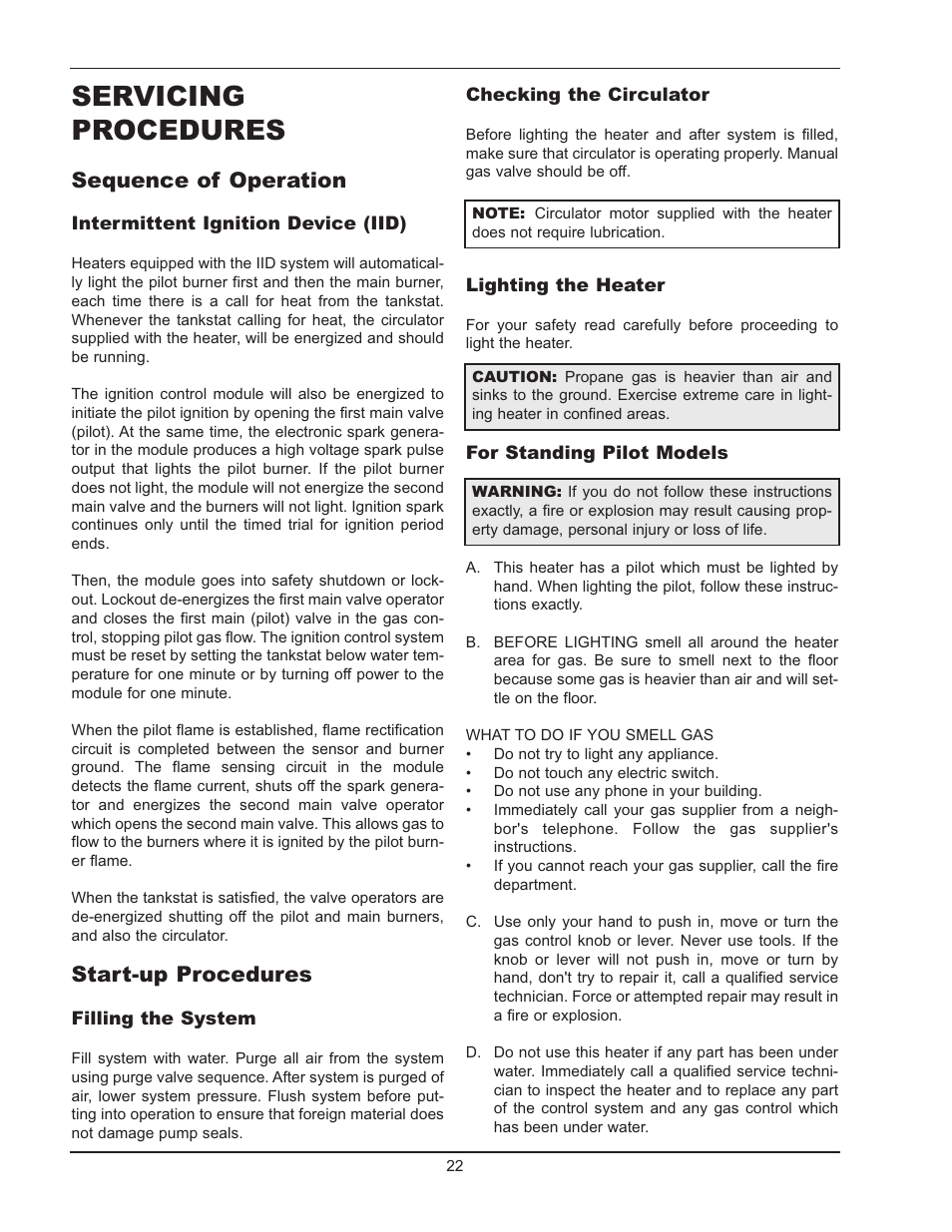 Servicing procedures, Sequence of operation, Start-up procedures | Raypak 2600401 User Manual | Page 22 / 40