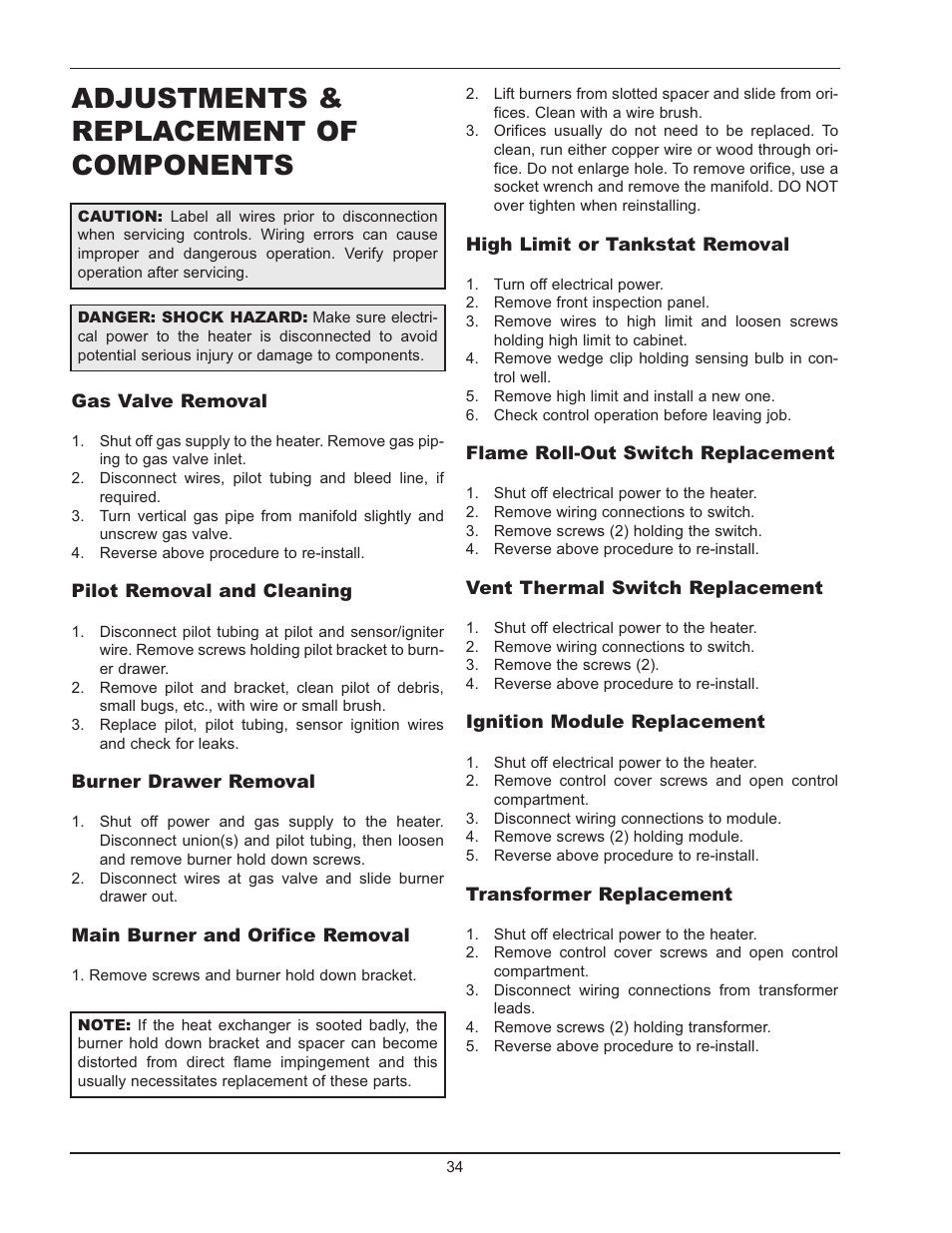 Adjustments & replacement of components | Raypak 2600401 User Manual | Page 34 / 40