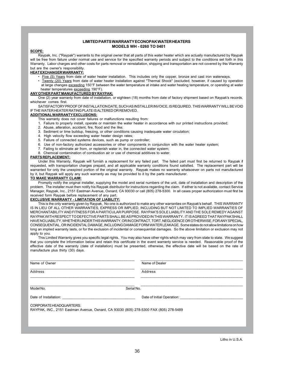 Raypak 2600401 User Manual | Page 36 / 40