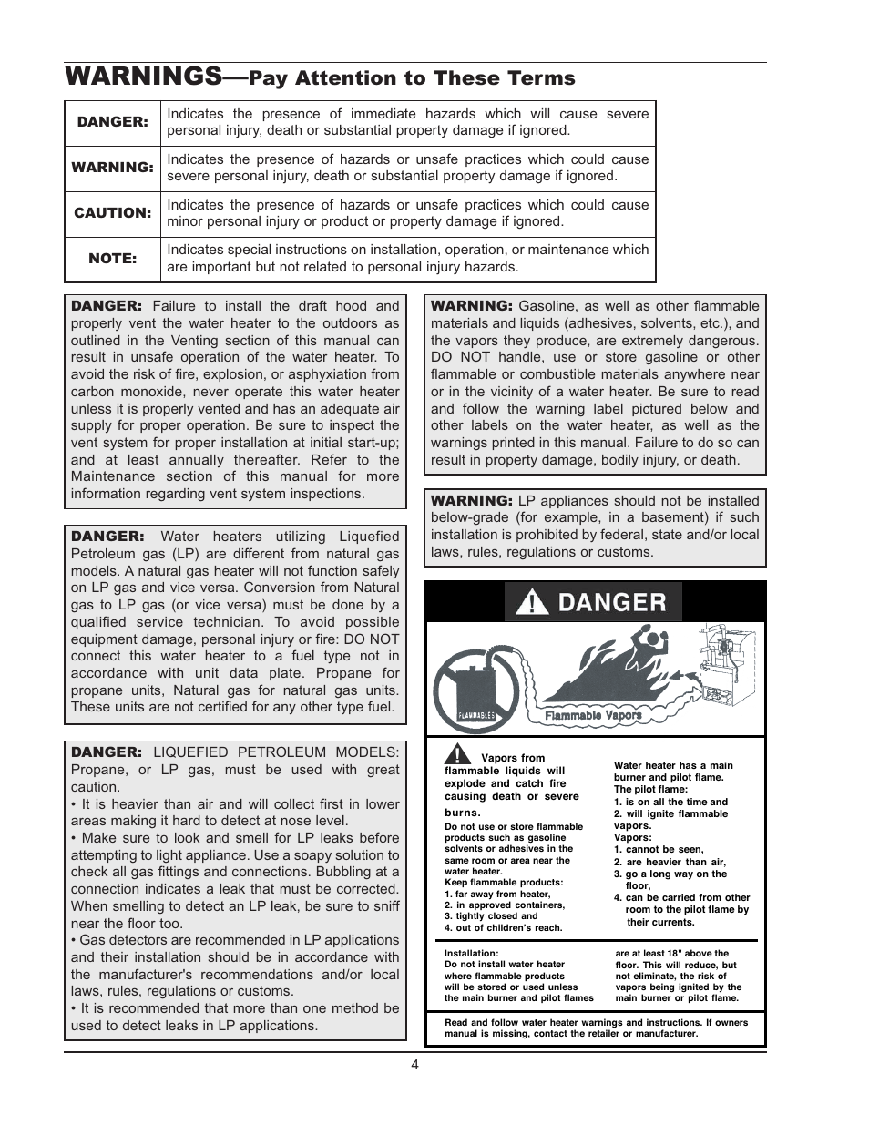 Warnings, Pay attention to these terms | Raypak 2600401 User Manual | Page 4 / 40