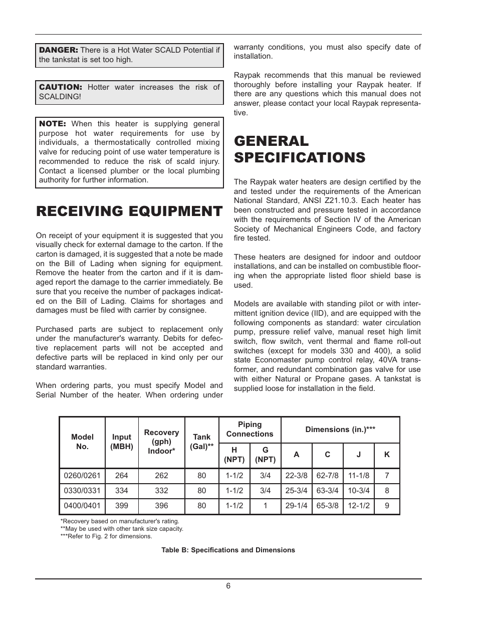 Receiving equipment, General specifications | Raypak 2600401 User Manual | Page 6 / 40
