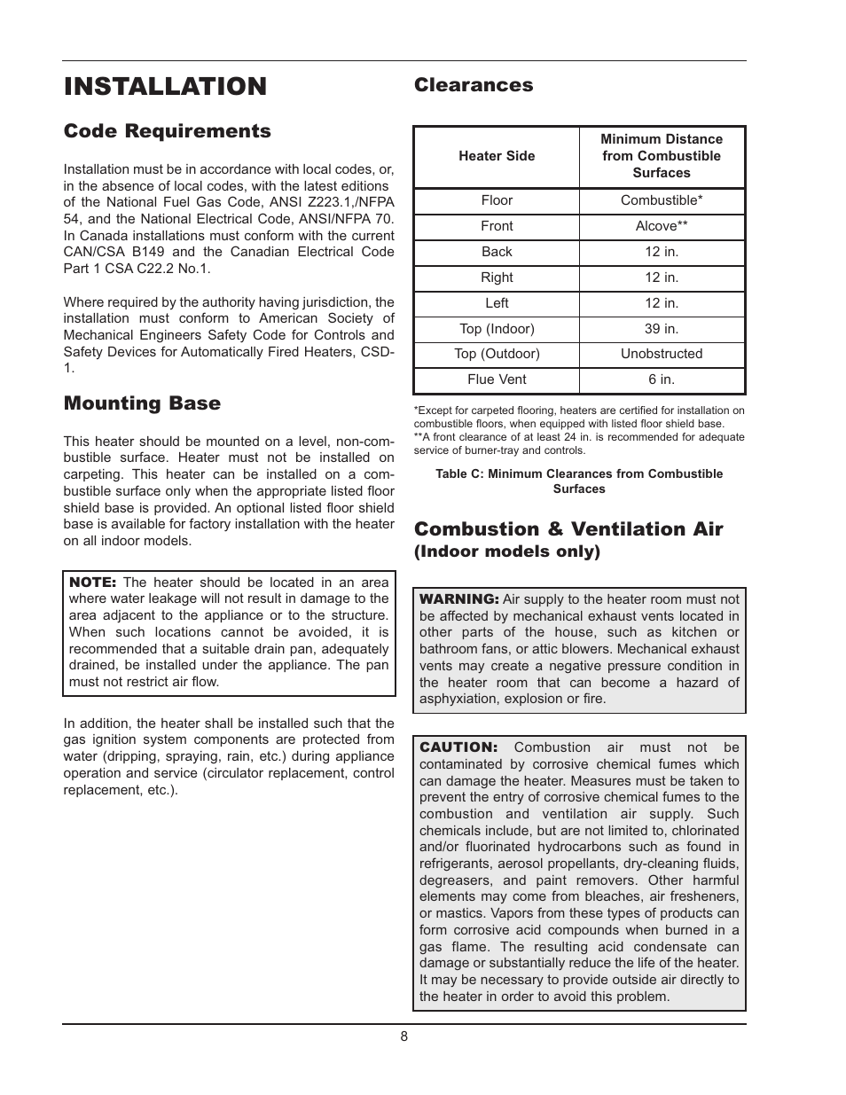 Installation, Code requirements, Mounting base | Clearances combustion & ventilation air | Raypak 2600401 User Manual | Page 8 / 40