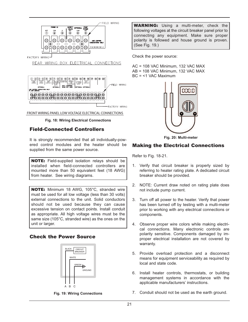 Making the electrical connections, Field-connected controllers, Check the power source | Raypak MVB 503-2003 User Manual | Page 21 / 56