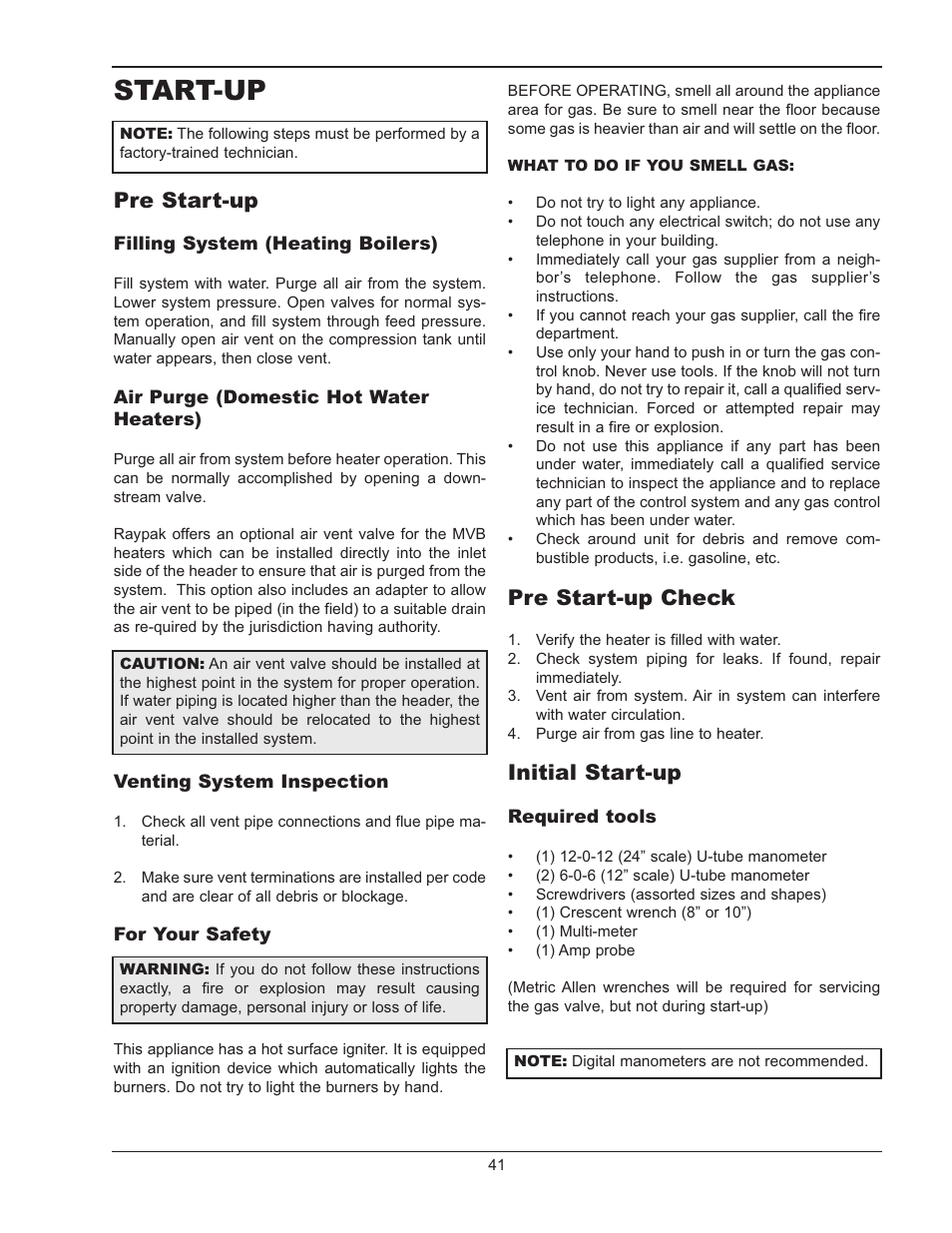 Start-up, Pre start-up, Pre start-up check | Initial start-up | Raypak MVB 503-2003 User Manual | Page 41 / 56