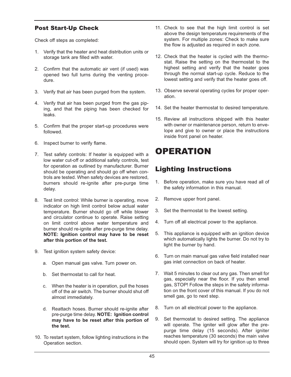 Operation, Lighting instructions | Raypak MVB 503-2003 User Manual | Page 45 / 56