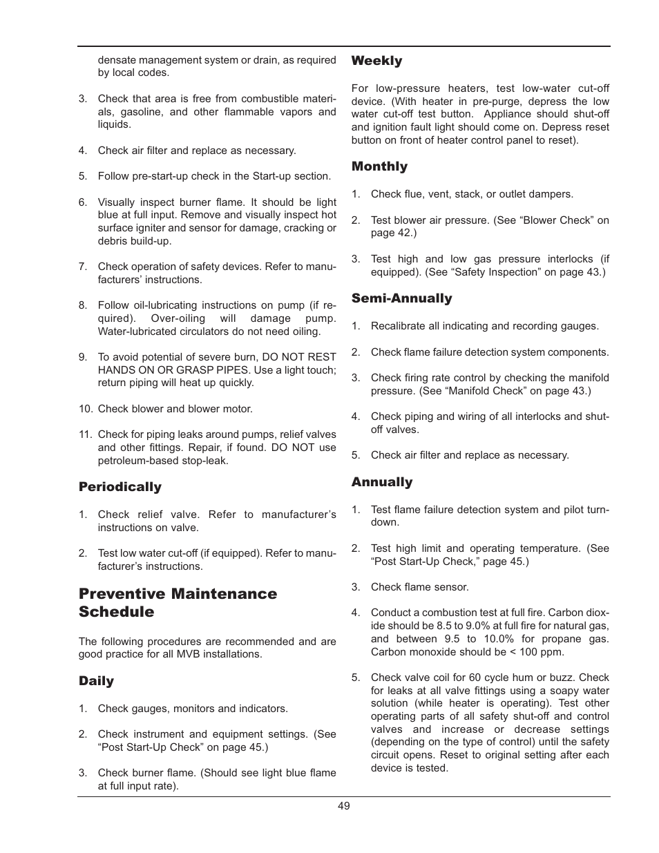 Preventive maintenance schedule | Raypak MVB 503-2003 User Manual | Page 49 / 56
