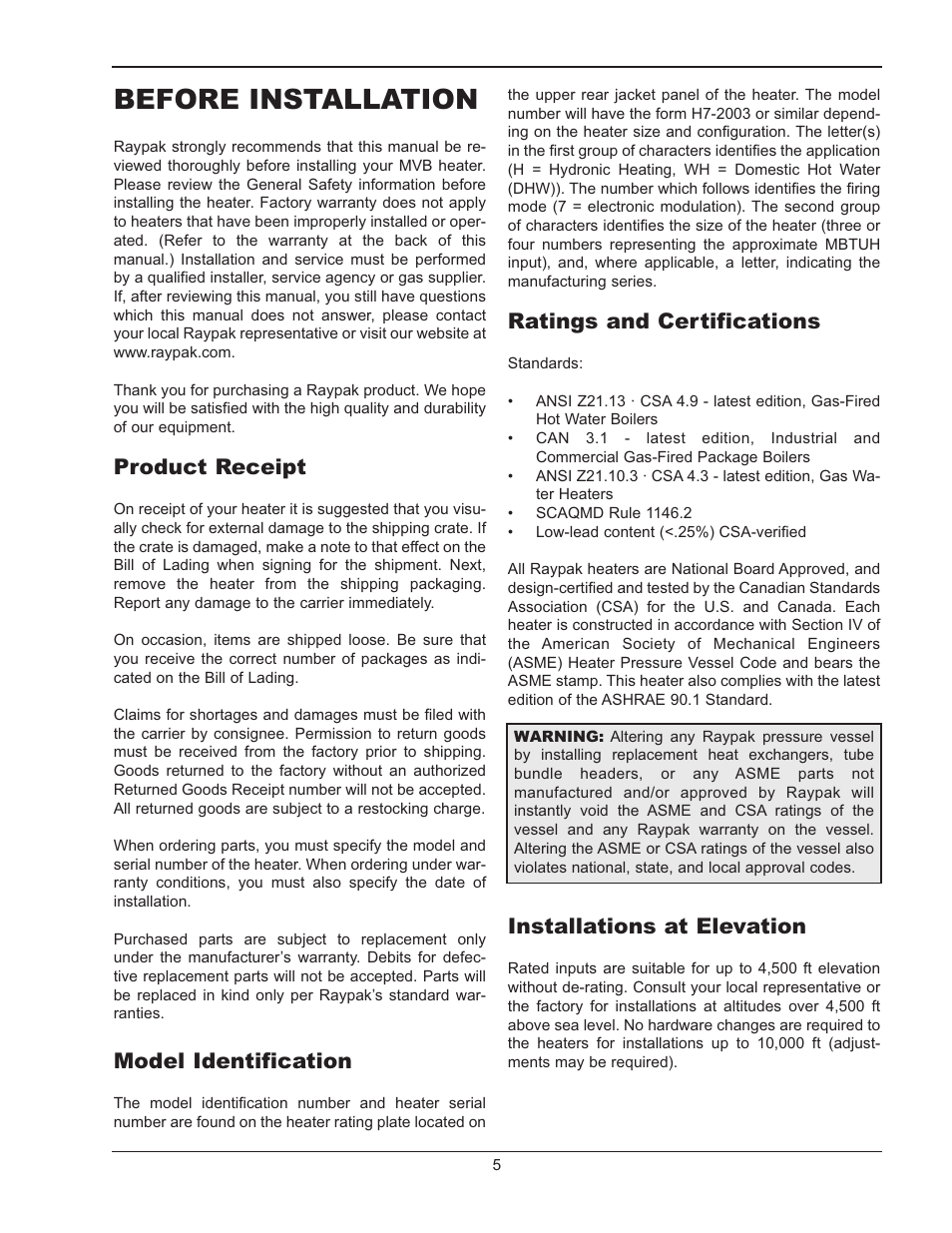 Before installation, Product receipt, Model identification | Ratings and certifications, Installations at elevation | Raypak MVB 503-2003 User Manual | Page 5 / 56