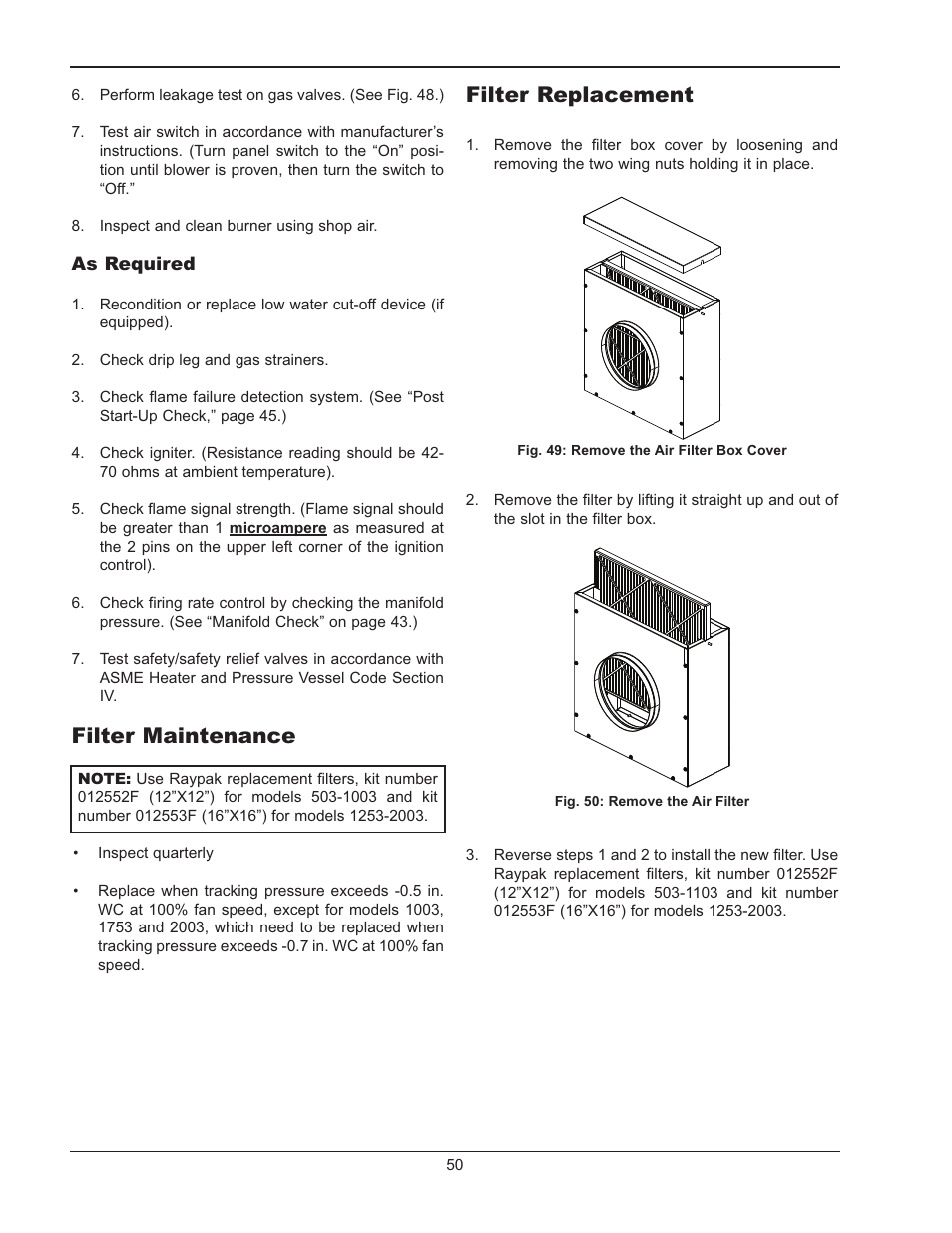 Filter maintenance, Filter replacement | Raypak MVB 503-2003 User Manual | Page 50 / 56
