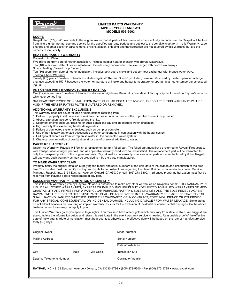 Raypak MVB 503-2003 User Manual | Page 53 / 56