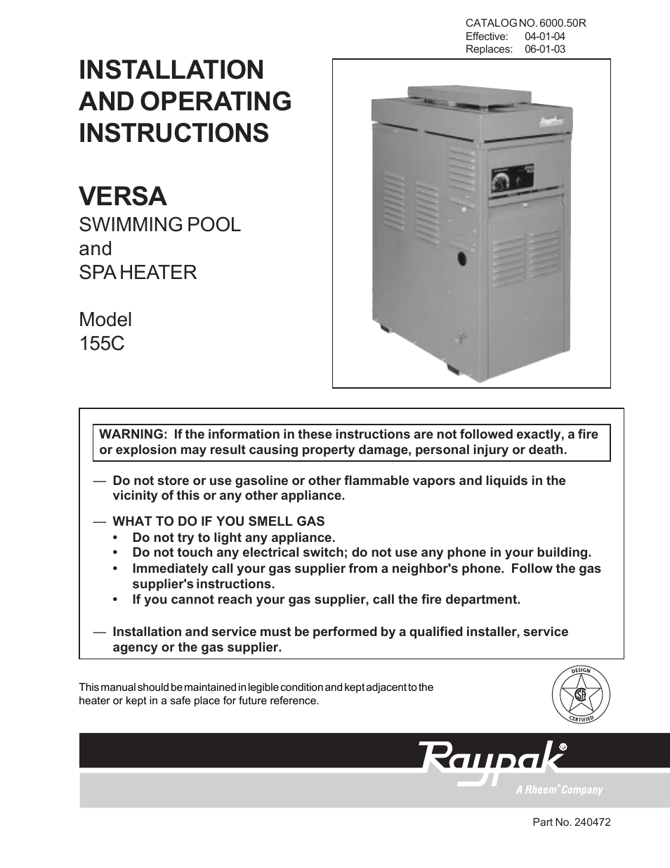 Raypak VERSA 155C User Manual | 35 pages