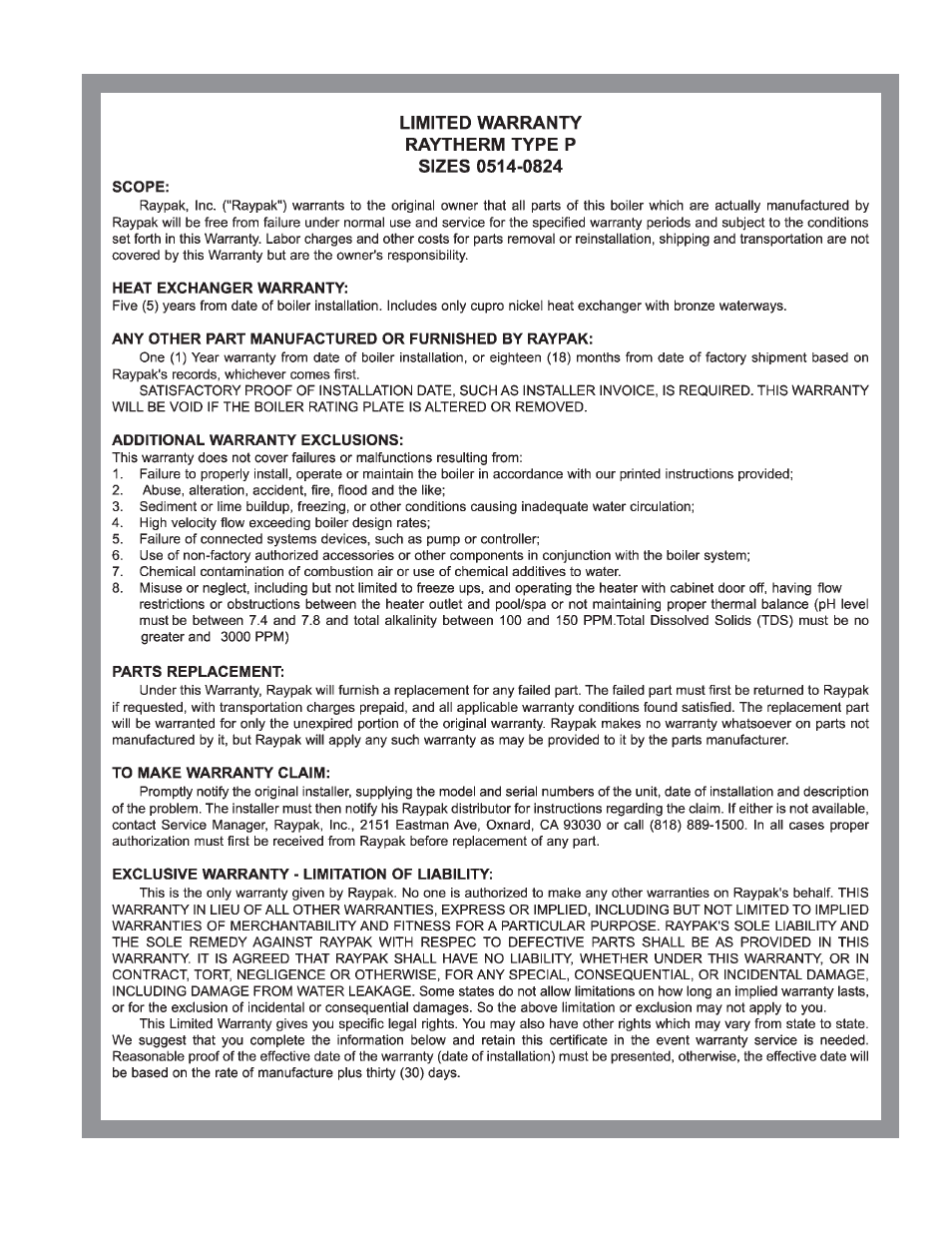 Raypak 514-824 User Manual | Page 31 / 32