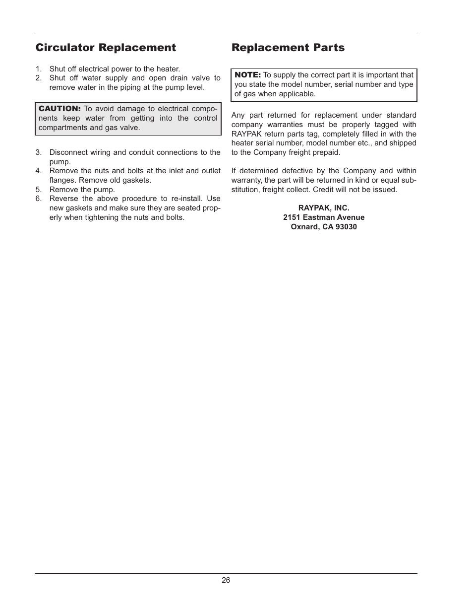 Replacement parts, Circulator replacement | Raypak 090A User Manual | Page 26 / 28