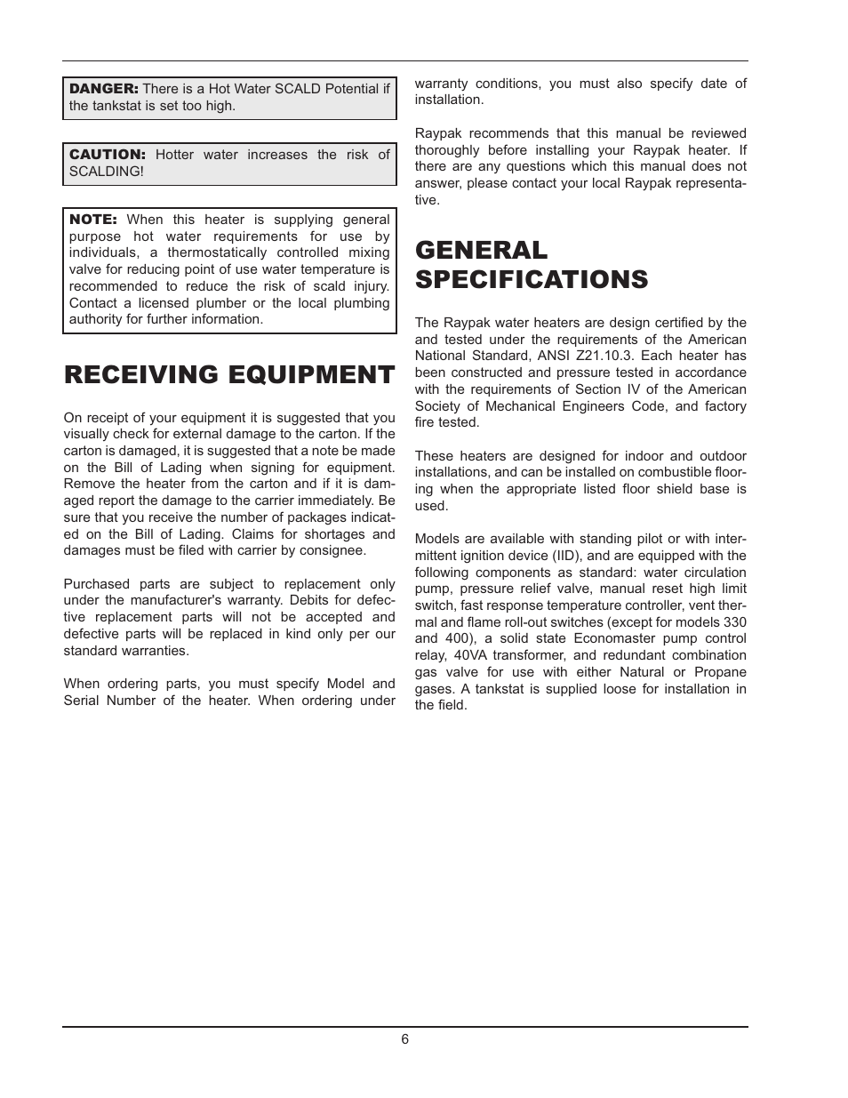 Receiving equipment, General specifications | Raypak 090A User Manual | Page 6 / 28