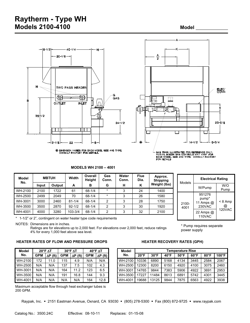 Raytherm - type wh, Model | Raypak RAYTHERM 2100 User Manual | Page 2 / 2