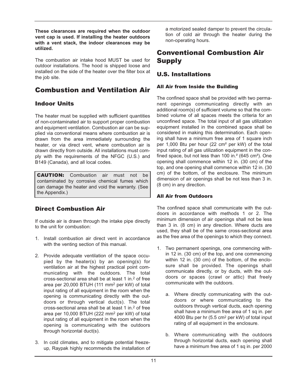 Conventional combustion air supply, Combustion and ventilation air | Raypak HI DELTA 122-322 User Manual | Page 11 / 44