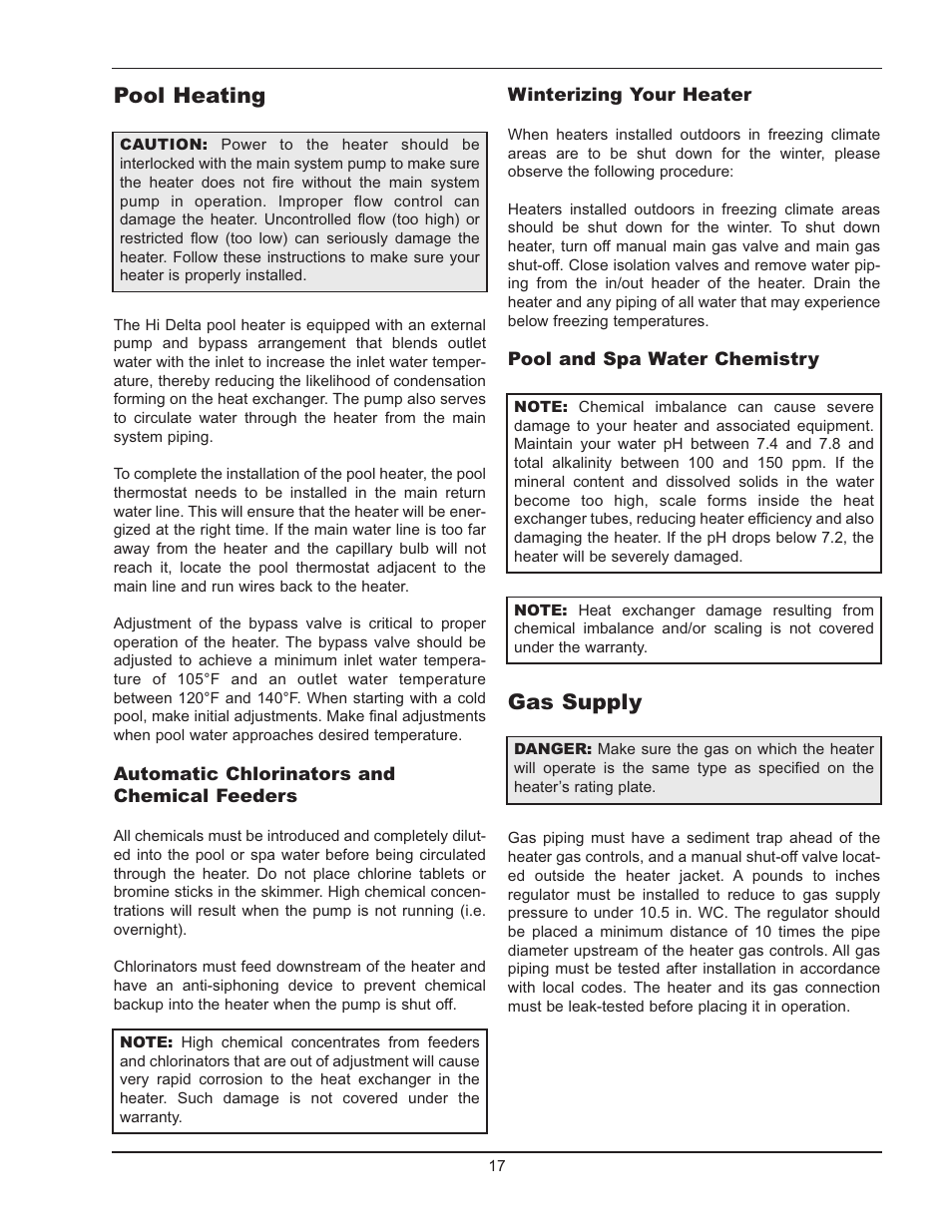 Gas supply, Pool heating | Raypak HI DELTA 122-322 User Manual | Page 17 / 44