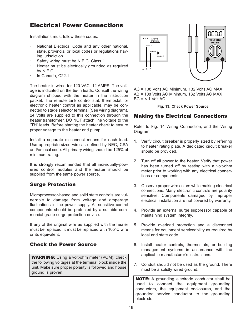 Electrical power connections | Raypak HI DELTA 122-322 User Manual | Page 19 / 44