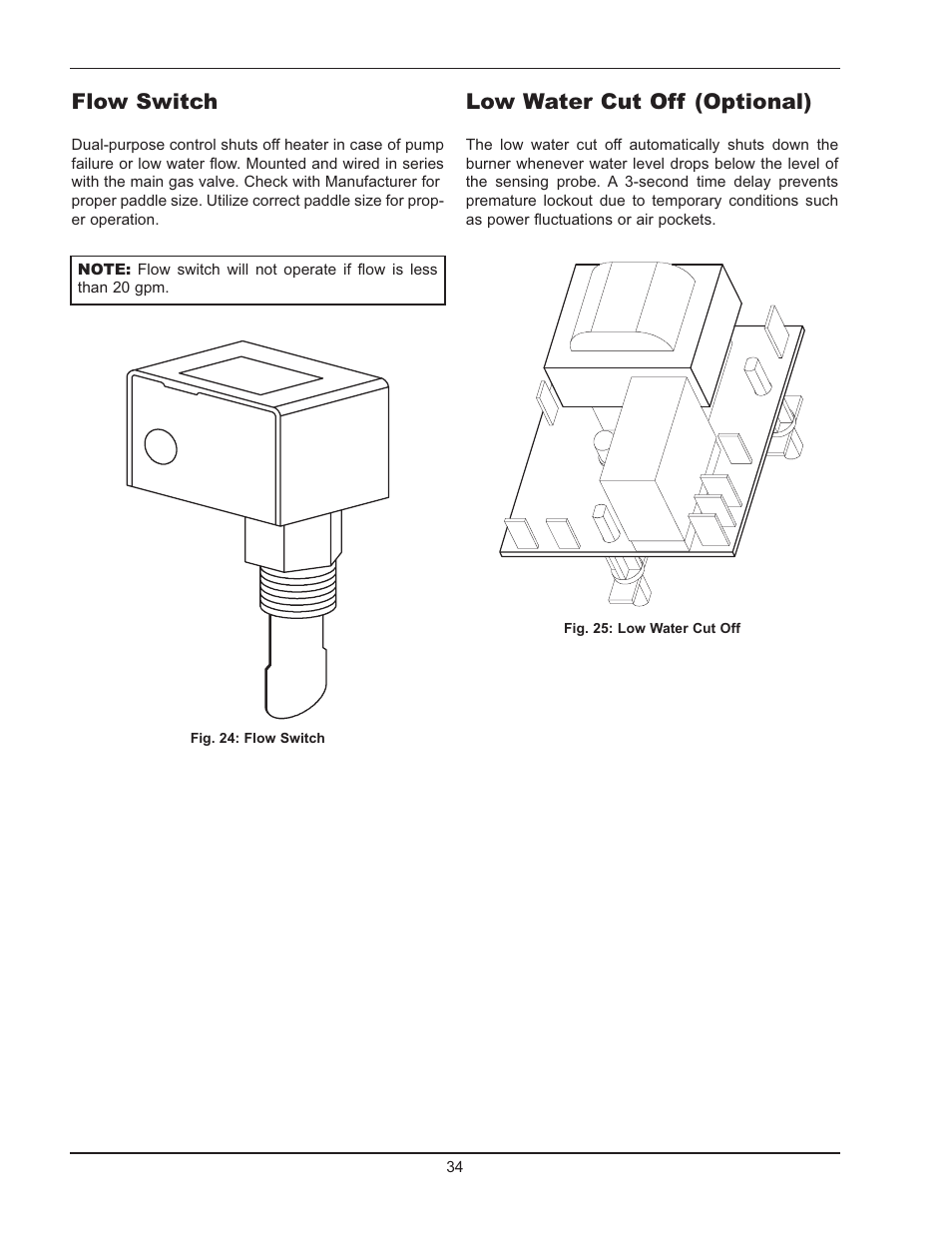 Low water cut off (optional), Flow switch | Raypak HI DELTA 122-322 User Manual | Page 34 / 44