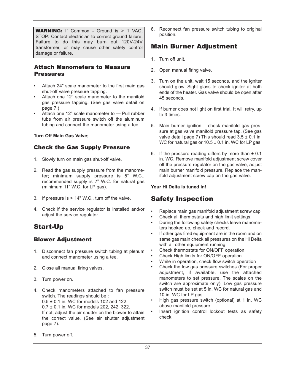 Start-up, Main burner adjustment, Safety inspection | Raypak HI DELTA 122-322 User Manual | Page 37 / 44