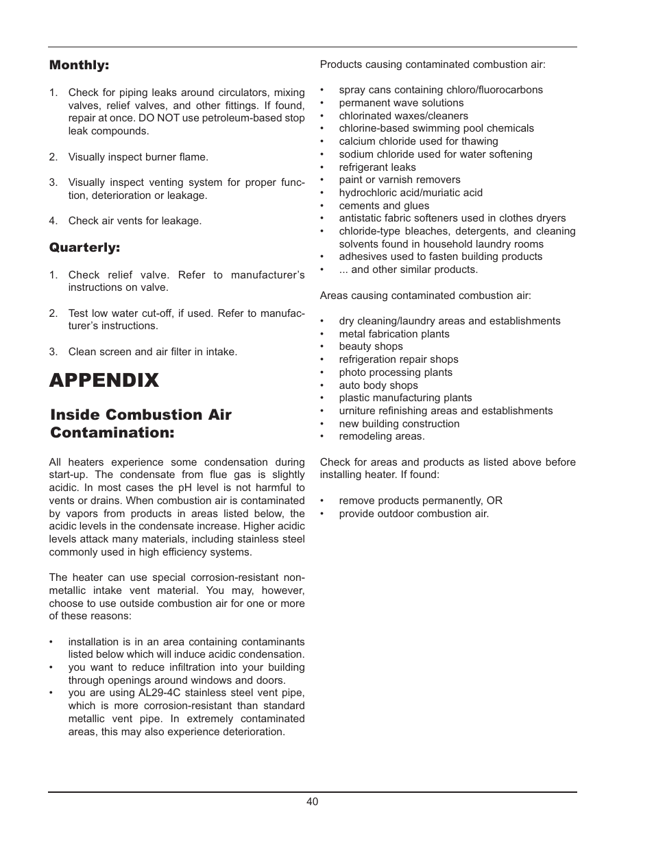 Appendix, Inside combustion air contamination | Raypak HI DELTA 122-322 User Manual | Page 40 / 44