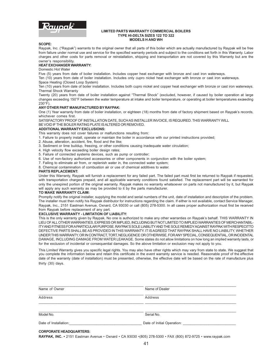 Raypak HI DELTA 122-322 User Manual | Page 41 / 44