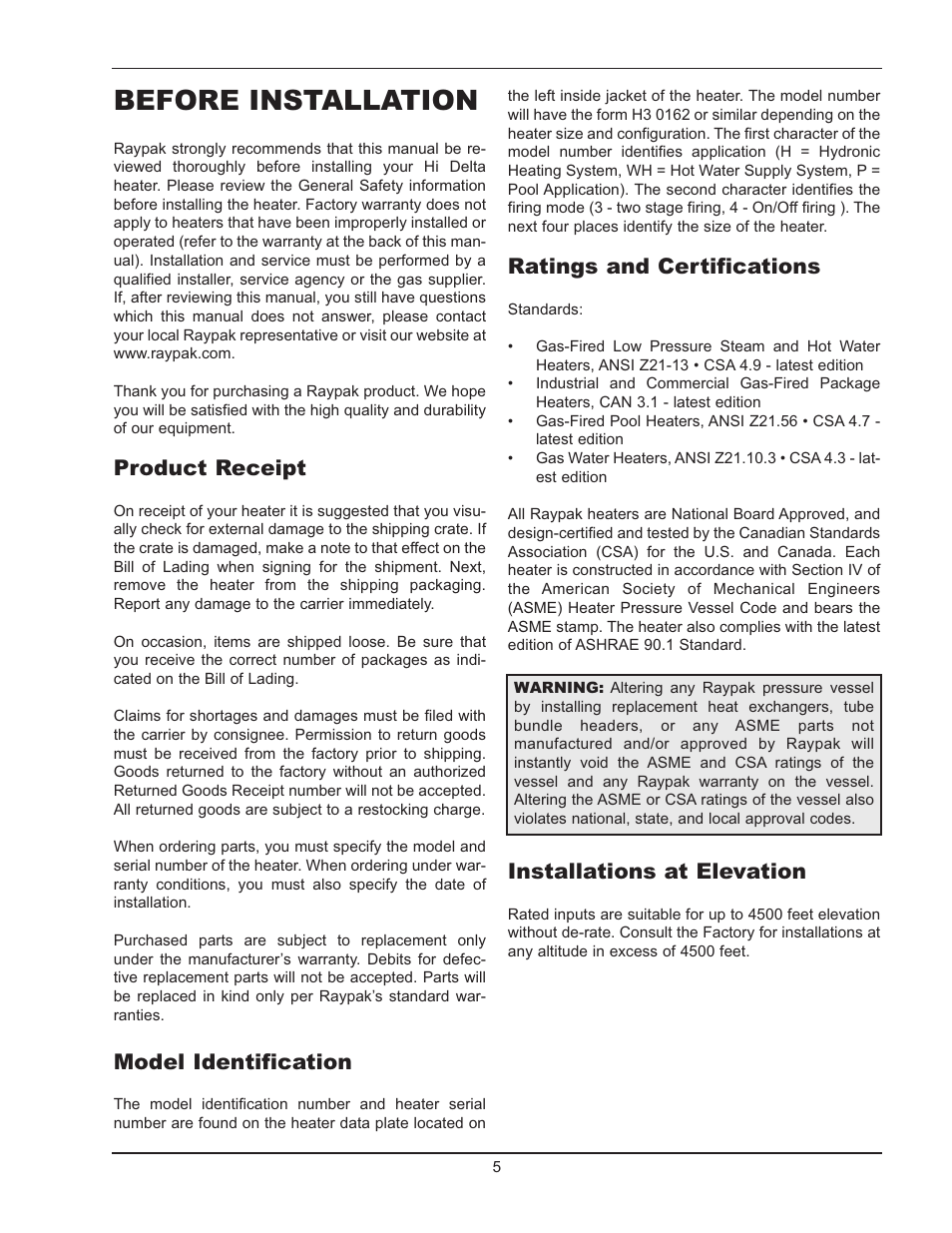 Before installation, Product receipt, Model identification | Ratings and certifications, Installations at elevation | Raypak HI DELTA 122-322 User Manual | Page 5 / 44