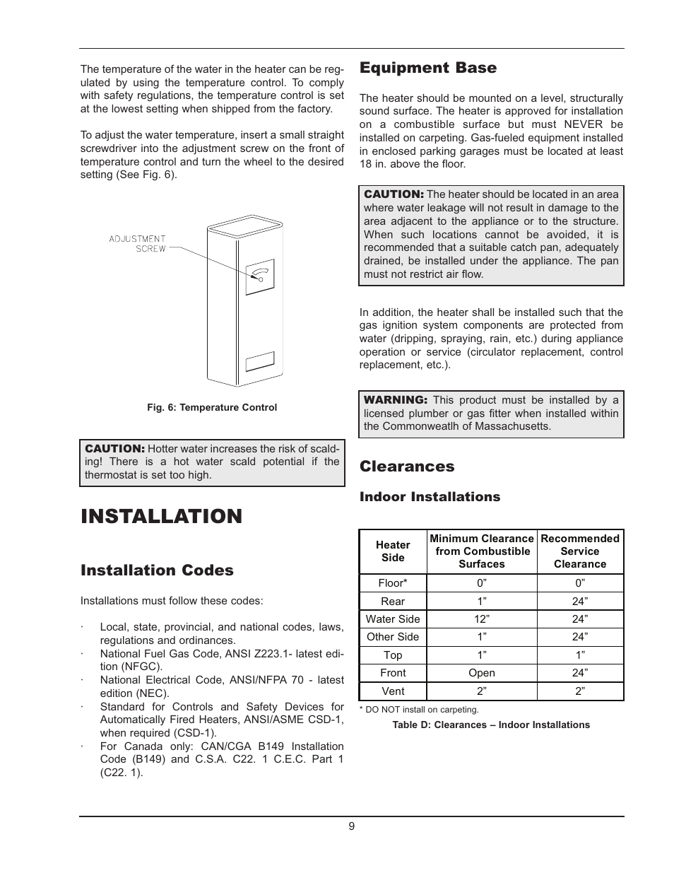 Installation, Installation codes, Equipment base | Clearances | Raypak HI DELTA 122-322 User Manual | Page 9 / 44