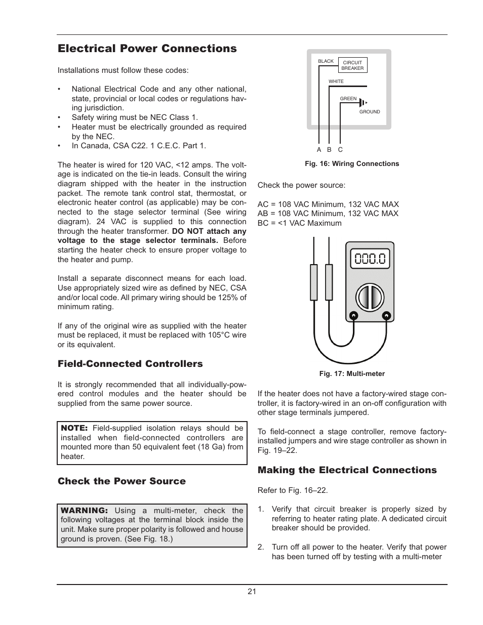 Electrical power connections, Field-connected controllers, Check the power source | Making the electrical connections | Raypak 399B-2339B User Manual | Page 21 / 52
