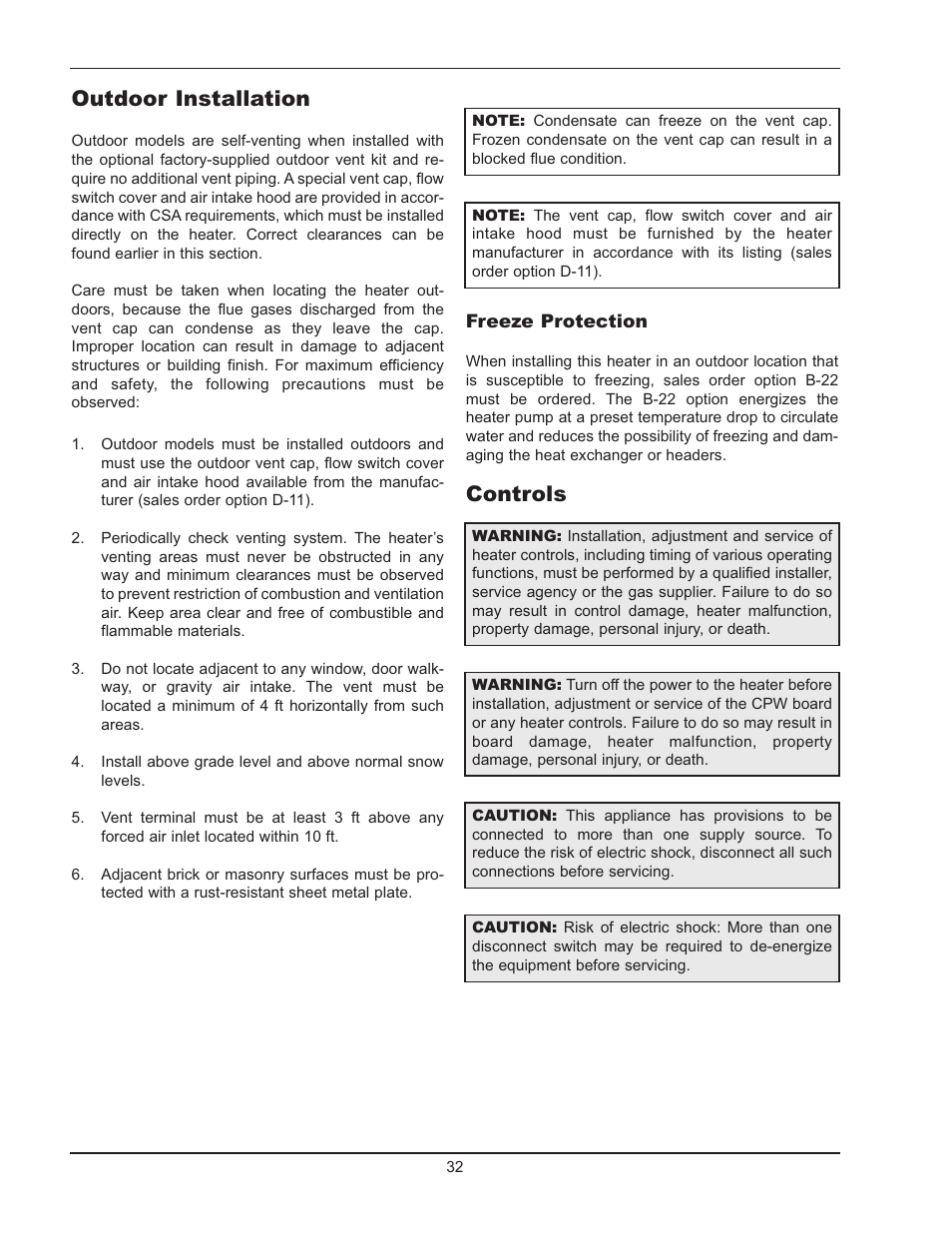 Controls, Outdoor installation | Raypak 399B-2339B User Manual | Page 32 / 52