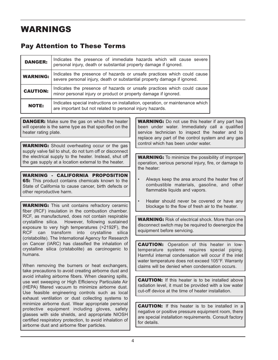 Warnings, Pay attention to these terms | Raypak 399B-2339B User Manual | Page 4 / 52