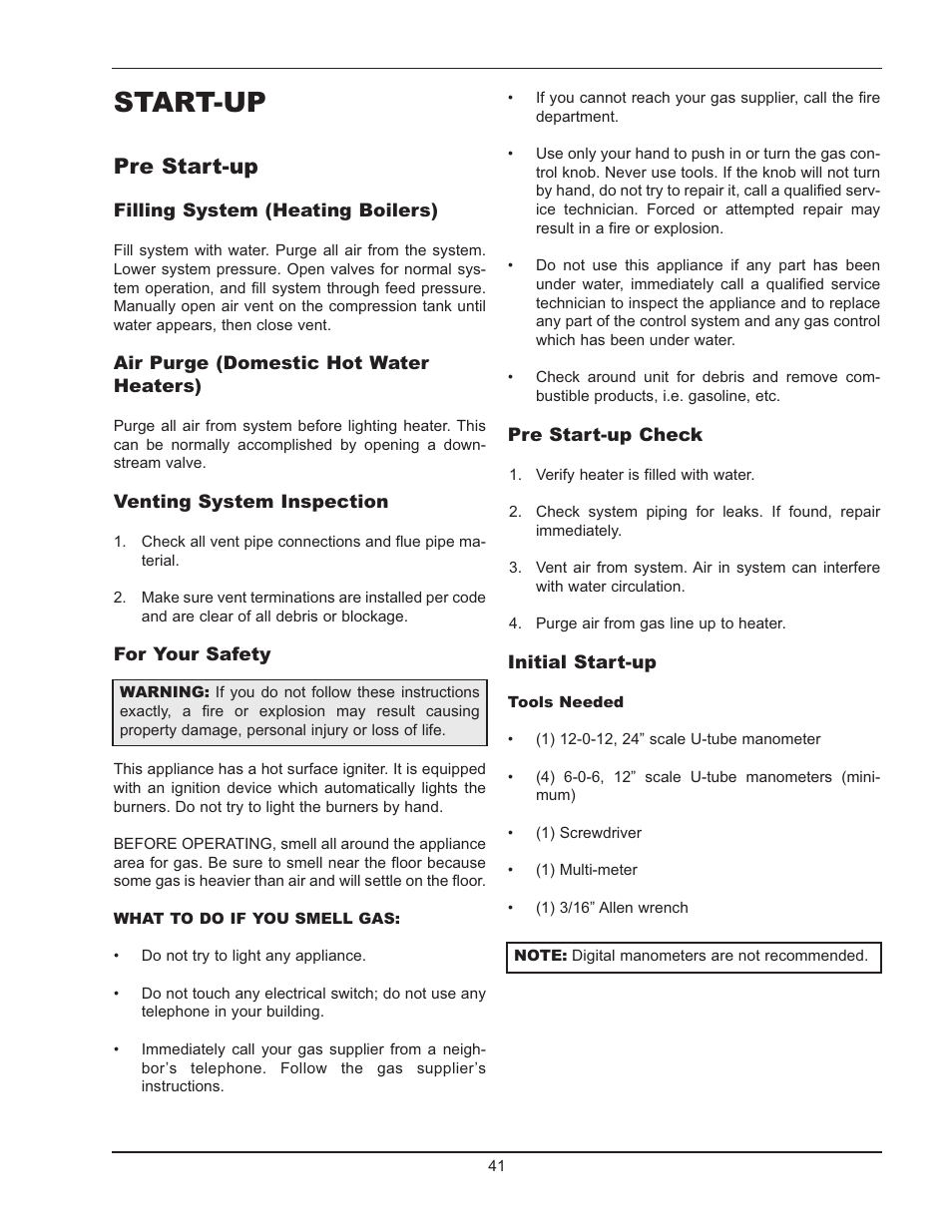 Start-up, Pre start-up | Raypak 399B-2339B User Manual | Page 41 / 52