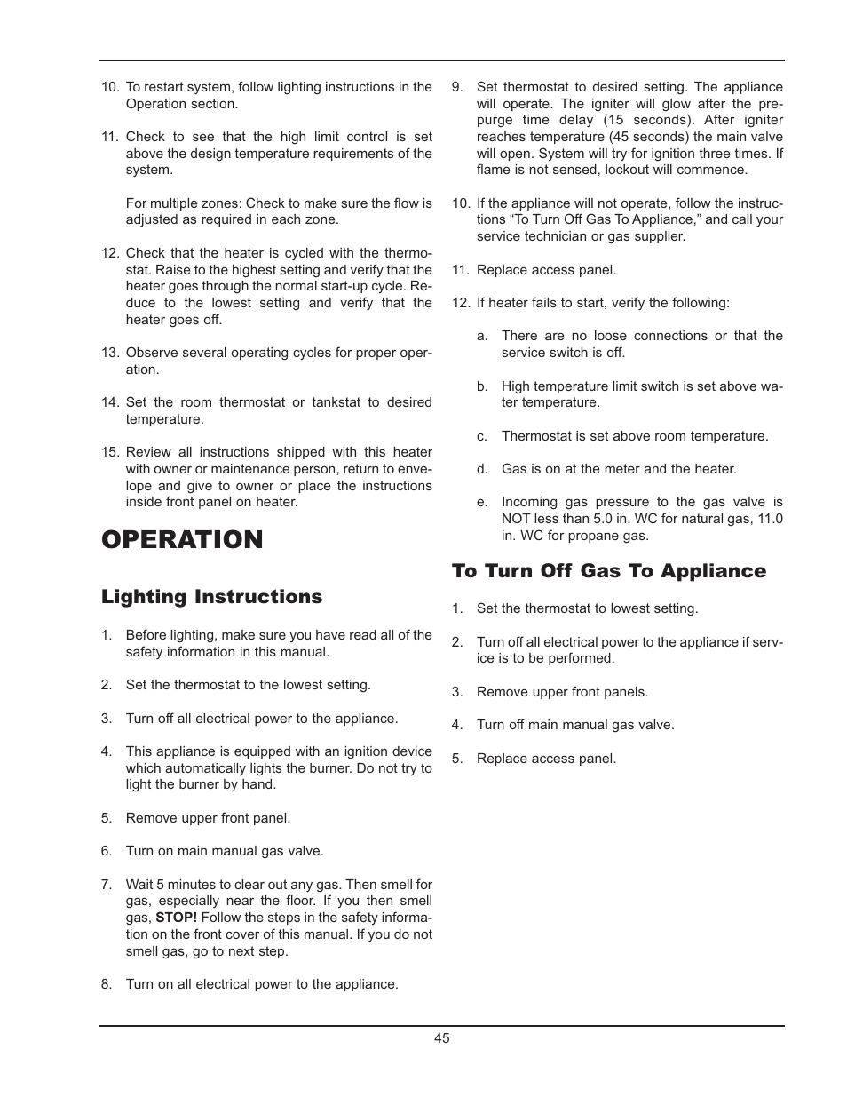 Operation, Lighting instructions | Raypak 399B-2339B User Manual | Page 45 / 52