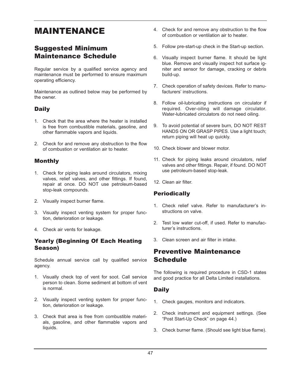Maintenance, Suggested minimum maintenance schedule, Preventive maintenance schedule | Raypak 399B-2339B User Manual | Page 47 / 52