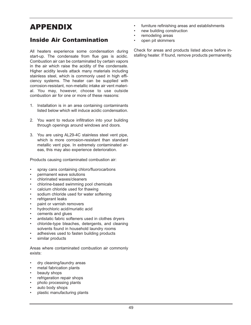 Appendix, Inside air contamination | Raypak 399B-2339B User Manual | Page 49 / 52