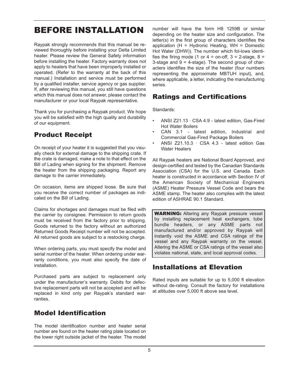 Before installation, Product receipt, Model identification | Ratings and certifications, Installations at elevation | Raypak 399B-2339B User Manual | Page 5 / 52