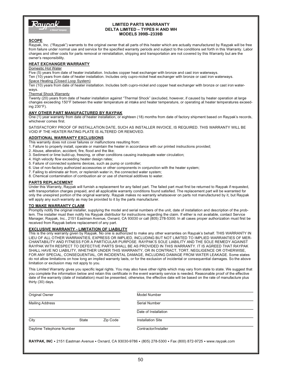 Raypak 399B-2339B User Manual | Page 50 / 52