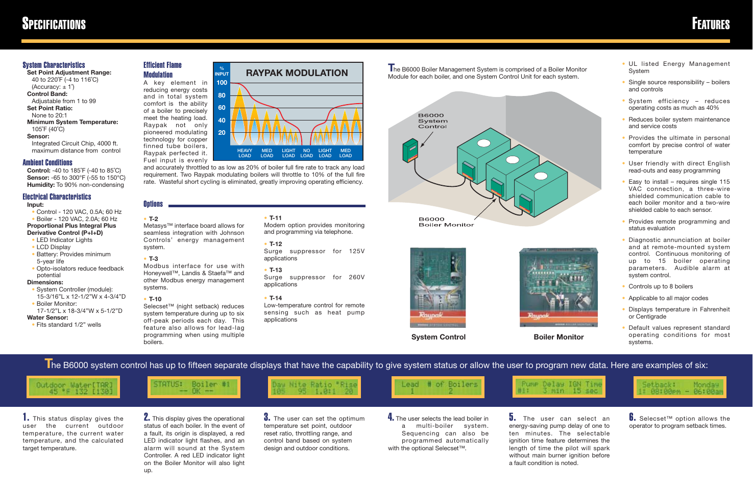 Pecifications, Eatures, Raypak modulation | Efficient flame modulation, System characteristics, Ambient conditions, Electrical characteristics, Options | Raypak B6000 User Manual | Page 2 / 2