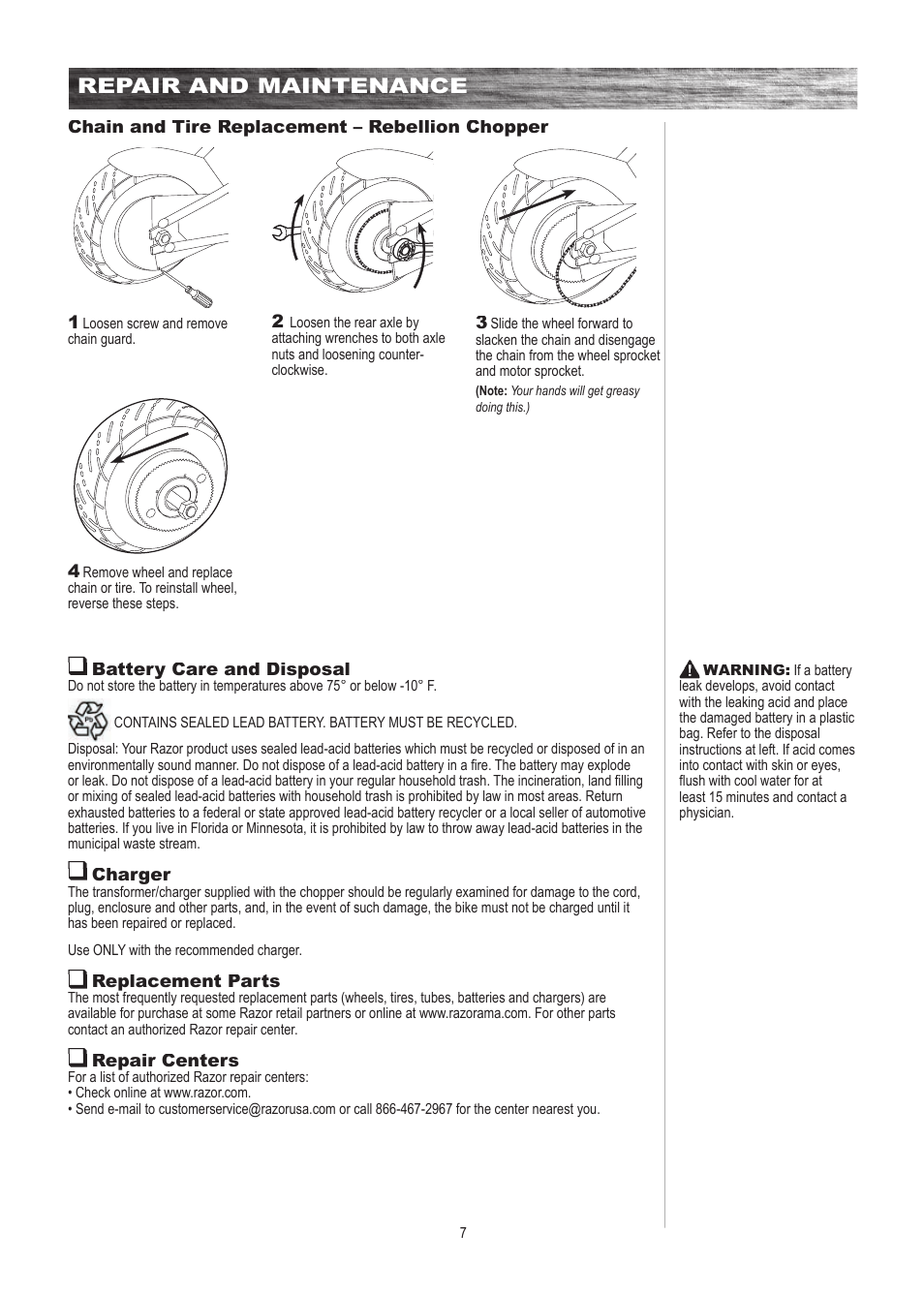 Repair and maintenance | Razor MINI ELECTRIC CHOPPER 15130760 User Manual | Page 8 / 17