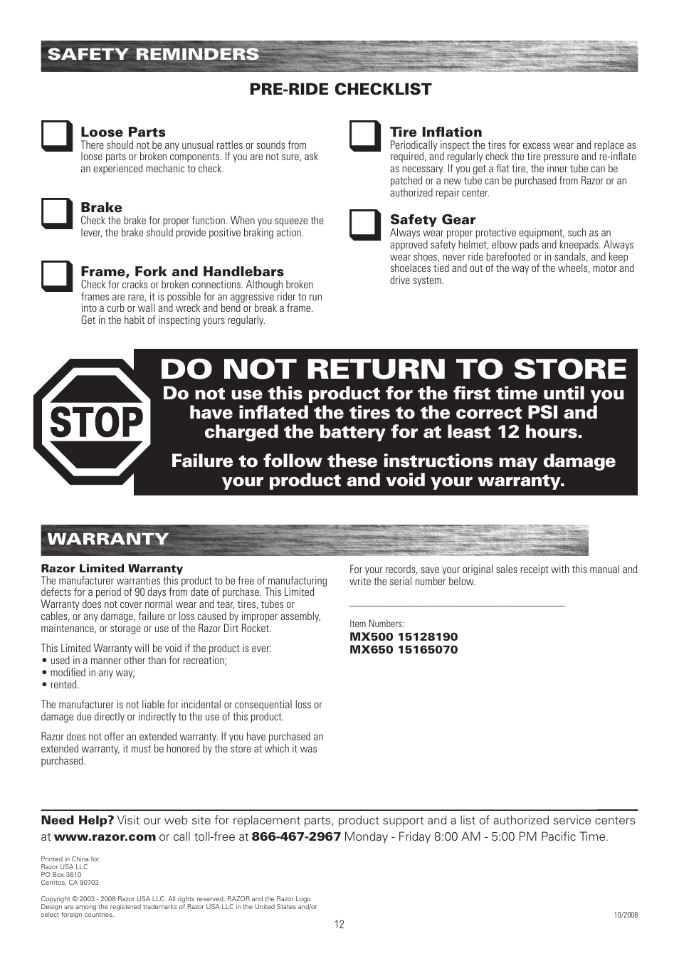 Q q q q, Do not return to store | Razor DIRT ROCKET MX500 User Manual | Page 13 / 13