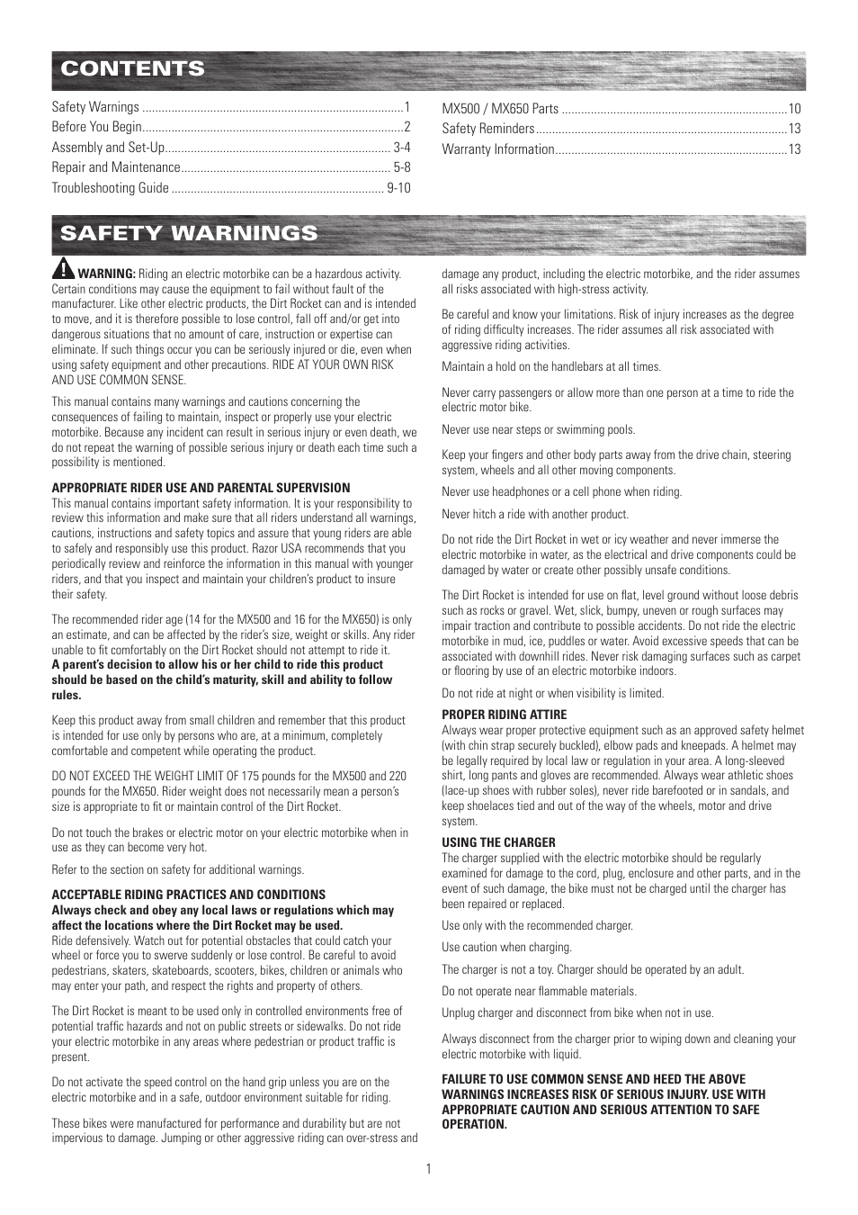 Razor DIRT ROCKET MX500 User Manual | Page 2 / 13