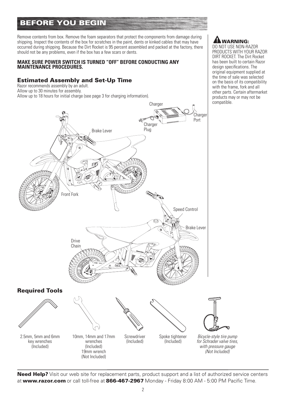 Before you begin | Razor DIRT ROCKET MX500 User Manual | Page 3 / 13