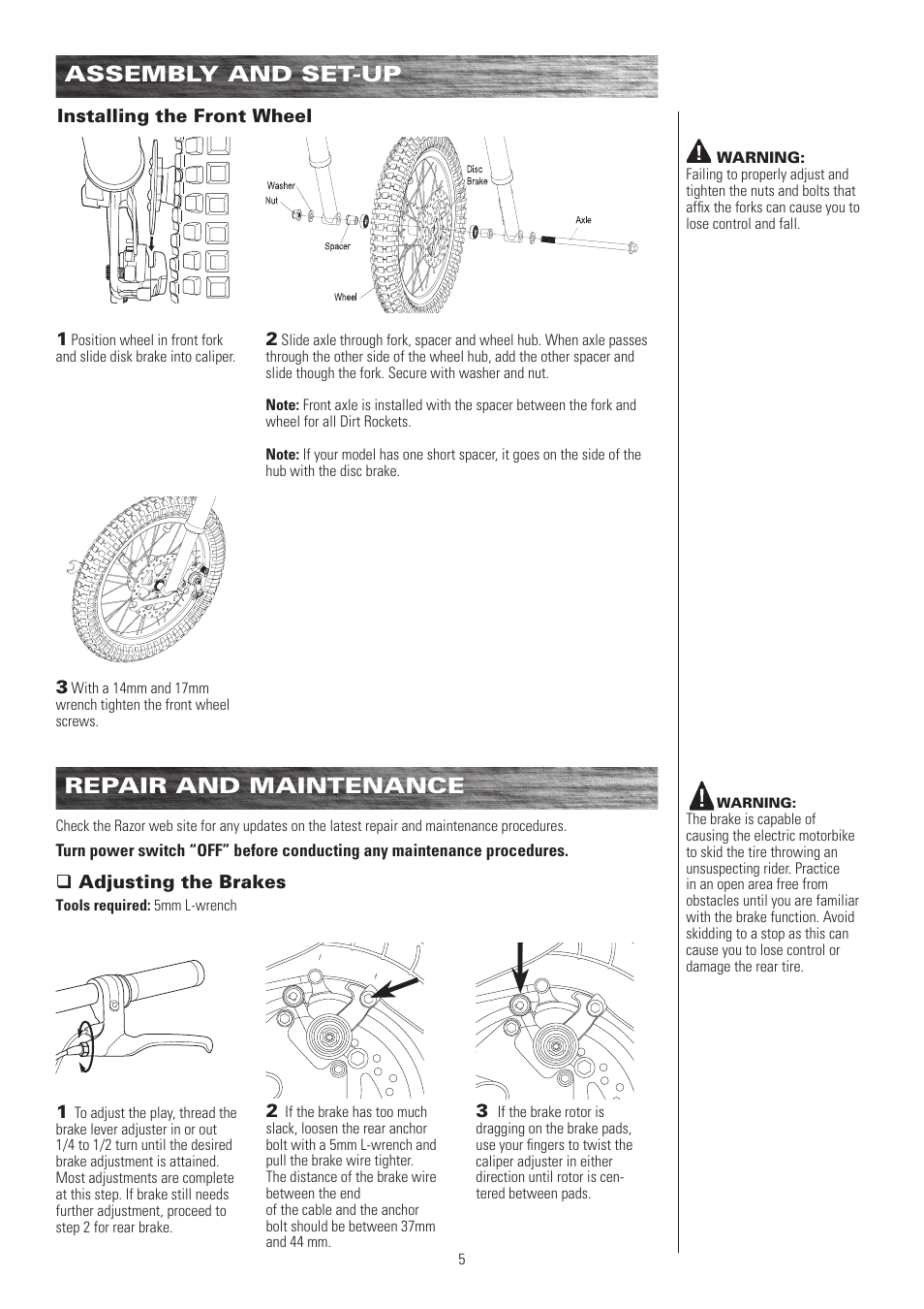 Repair and maintenance, Assembly and set-up | Razor DIRT ROCKET MX500 User Manual | Page 6 / 13