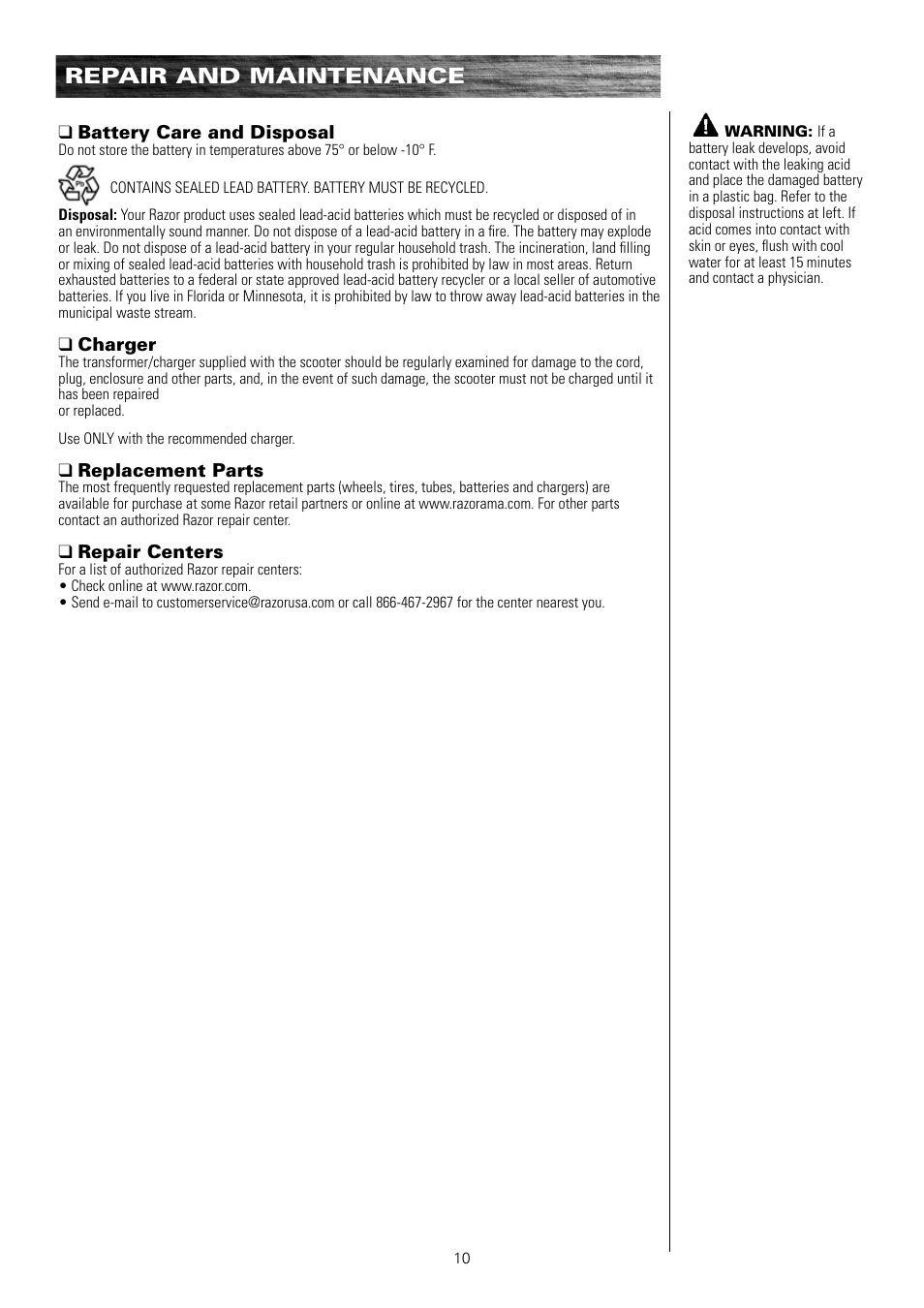 Repair and maintenance | Razor e300 User Manual | Page 11 / 24