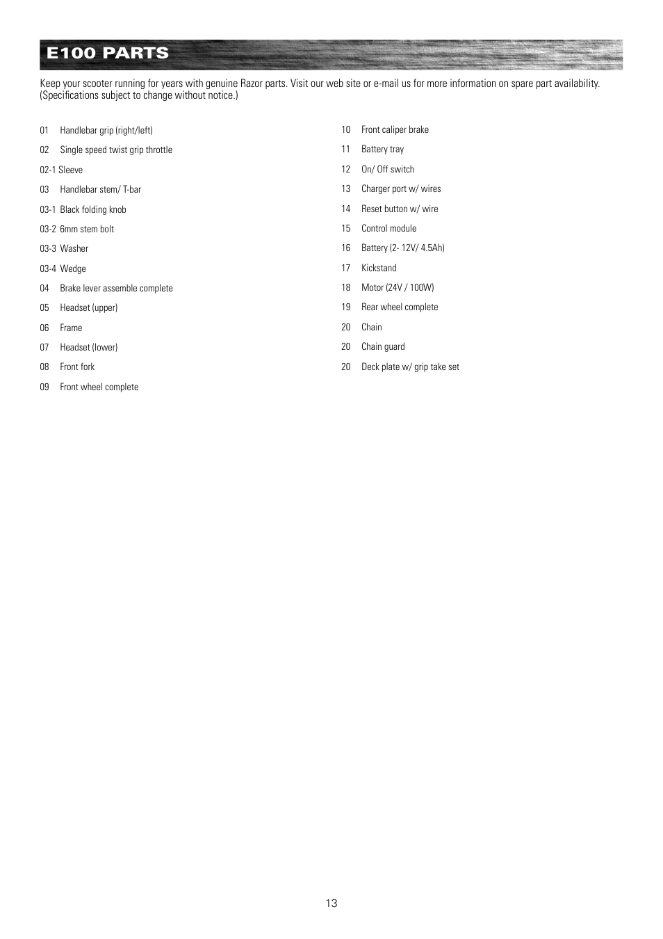 E100 parts | Razor e300 User Manual | Page 14 / 24