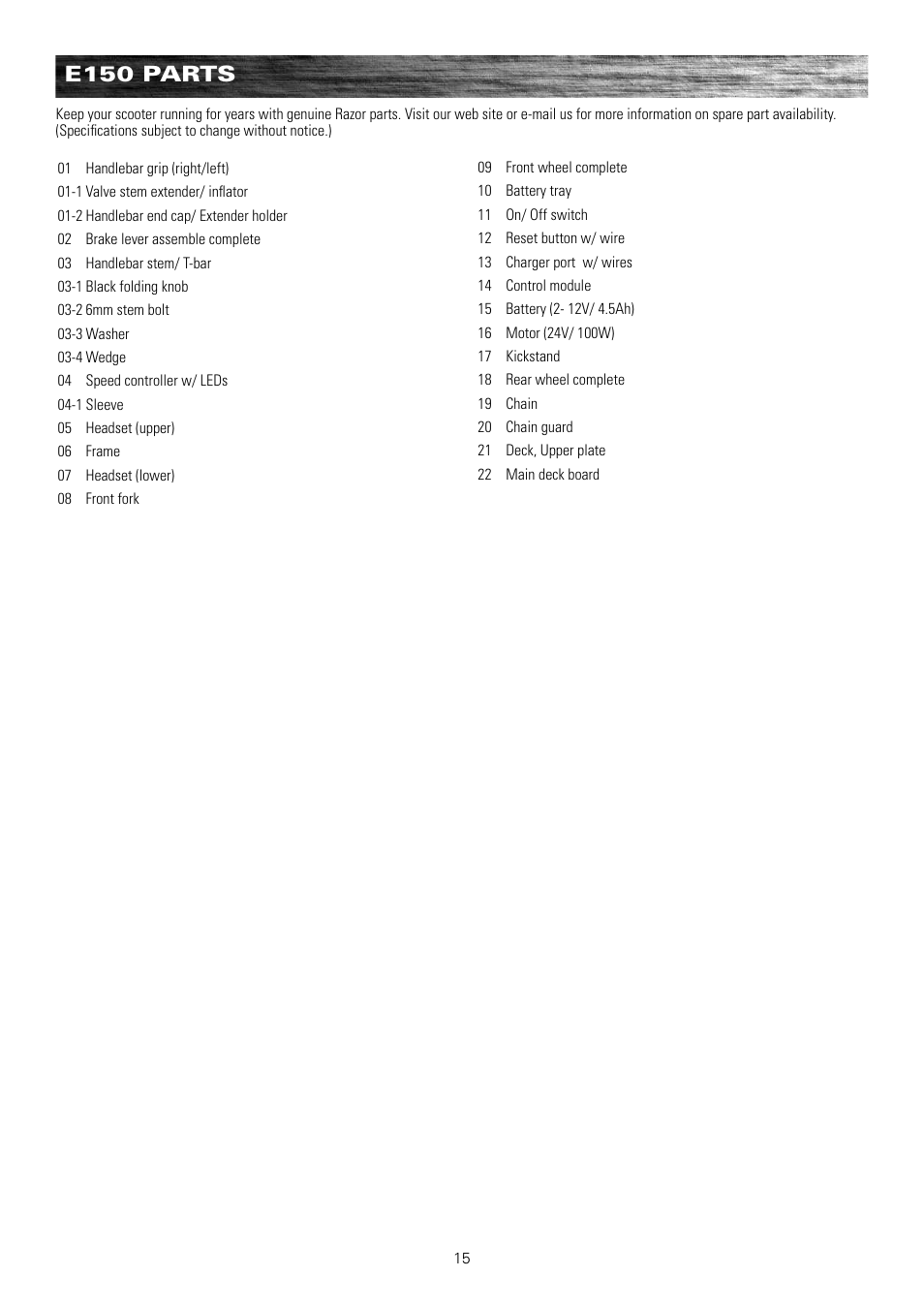E150 parts | Razor e300 User Manual | Page 16 / 24