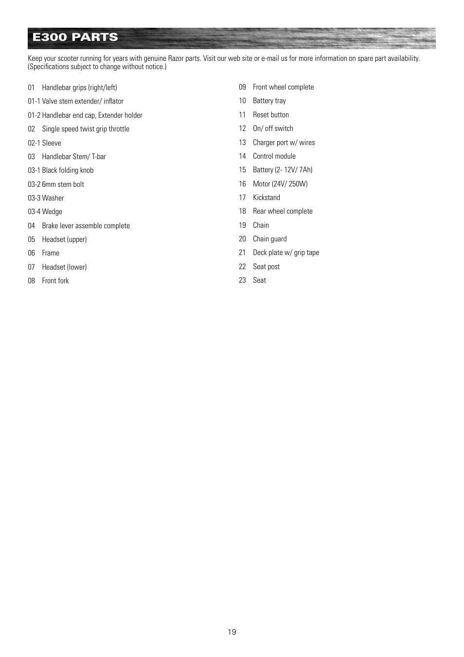 E300 parts | Razor e300 User Manual | Page 20 / 24