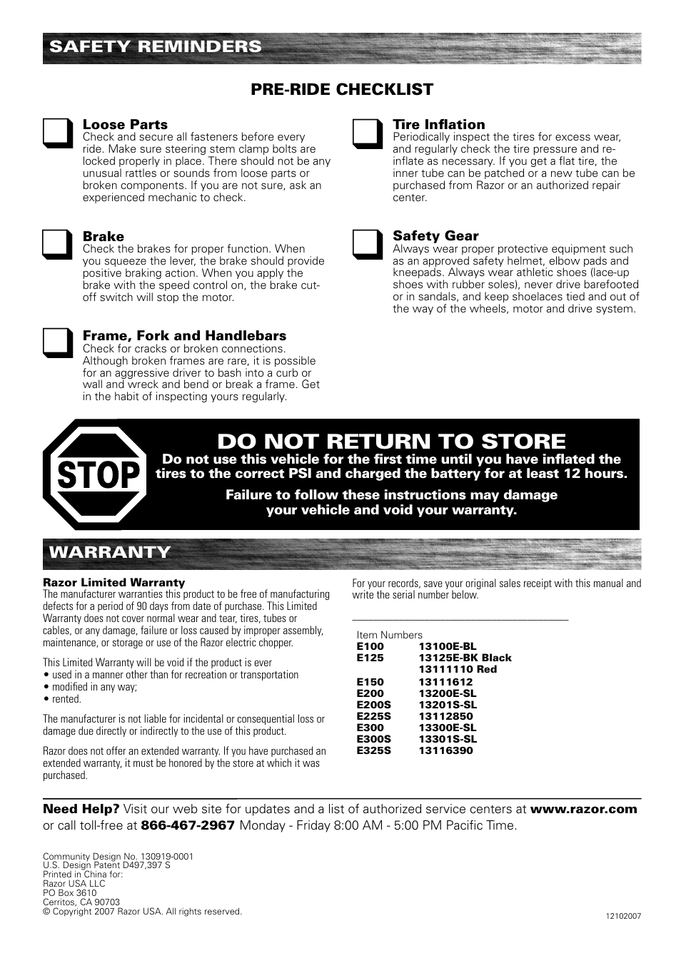 Do not return to store, Warranty, Safety reminders | Pre-ride checklist | Razor e300 User Manual | Page 24 / 24