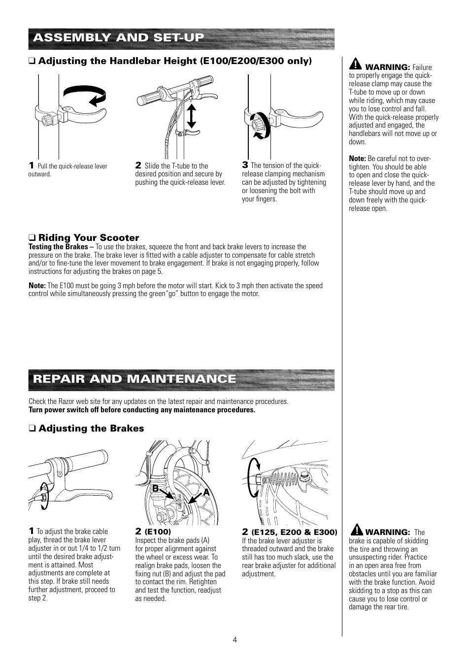 Assembly and set-up, Repair and maintenance | Razor e300 User Manual | Page 5 / 24