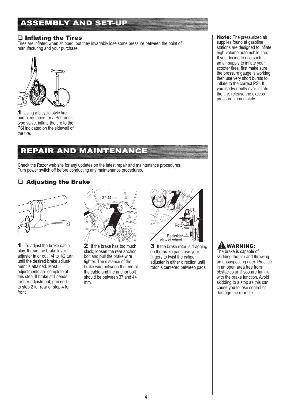 Repair and maintenance, Assembly and set-up | Razor E500S User Manual | Page 5 / 12