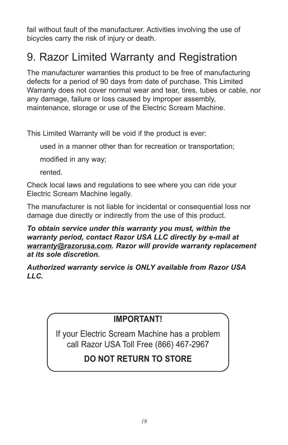 Razor limited warranty and registration | Razor ScreamMachine User Manual | Page 19 / 20